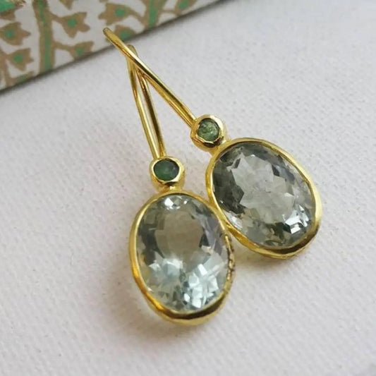 Vintage Olive Glass Gold Earrings Unique Joyas