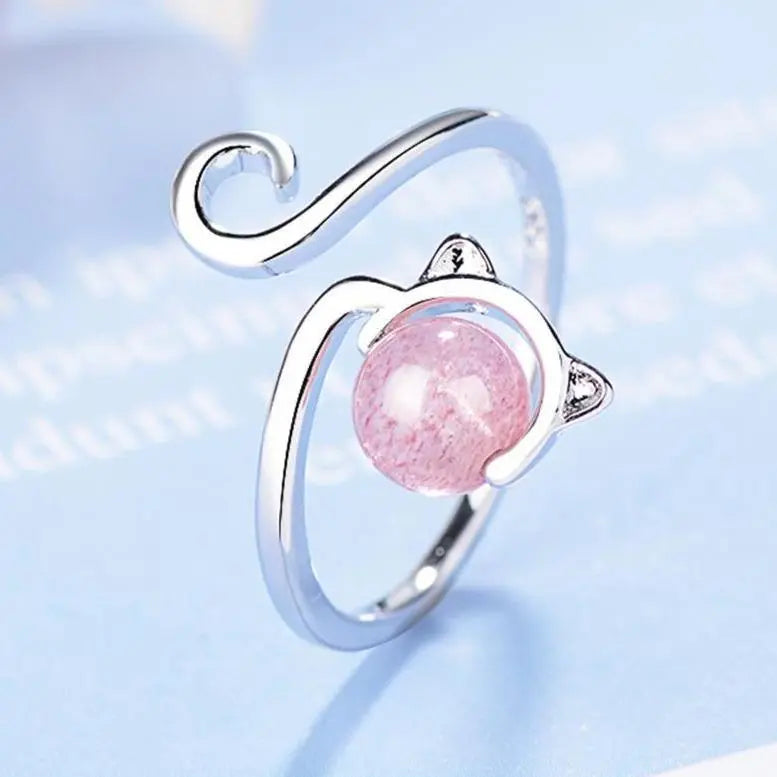 925 Sterling Silver and Pink Agate Kitten Ring Unique Joyas