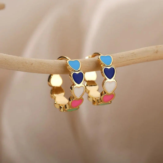 Minimalist Multicolored Hearts in Gold Earrings Unique Joyas