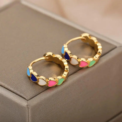 Minimalist Multicolored Hearts in Gold Earrings Unique Joyas