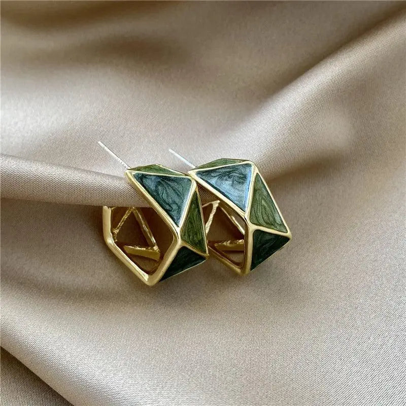 Green Enamel Earrings in Gold