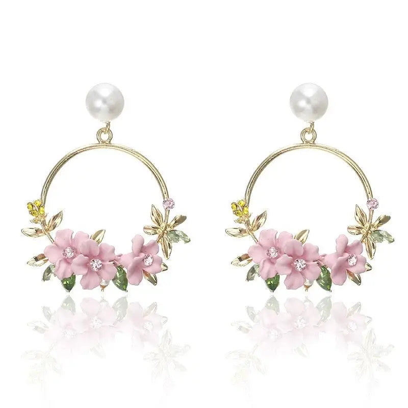 Gold Flower and Pearl Earrings Unique Joyas