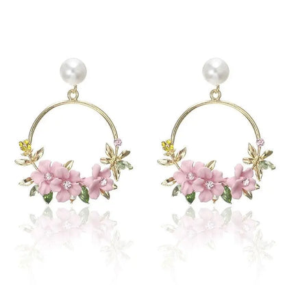 Gold Flower and Pearl Earrings Unique Joyas