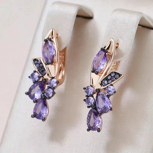 Elegant Purple Zirconia Earrings in Gold Unique Joyas