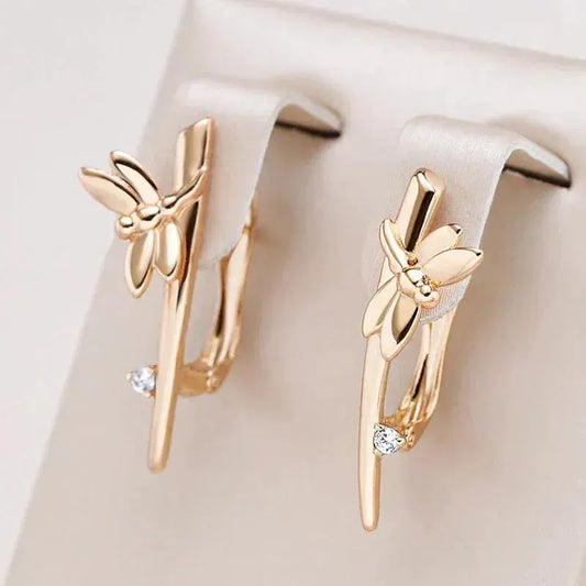 Elegant Golden Dragonfly with Zirconia Earrings