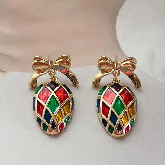 Vintage Multicolor Enamel Gold Earrings Unique Joyas