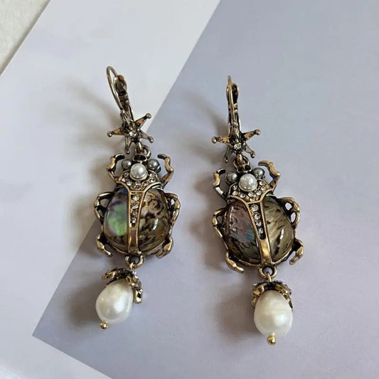 Vintage Beetle Earrings with Pearls Unique Joyas