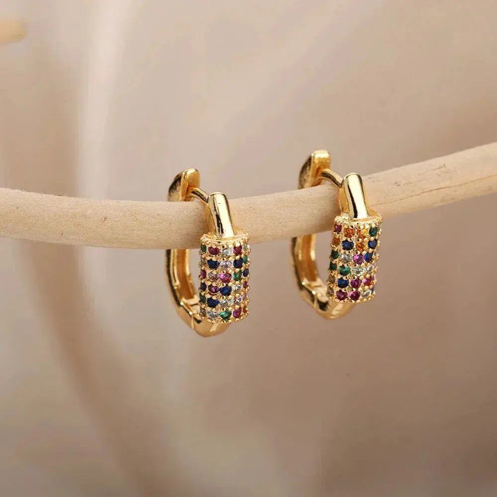 Minimalist Earrings with Multicolored Cubic Zirconia in Gold Unique Joyas