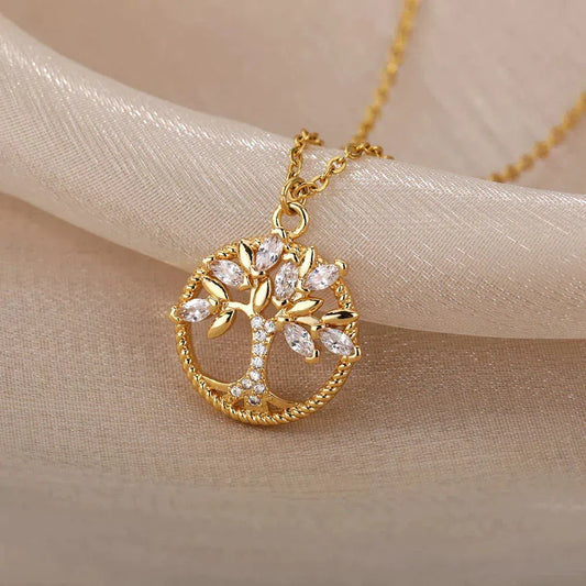 Tree of Life Necklace with Zirconia in Gold Unique Joyas