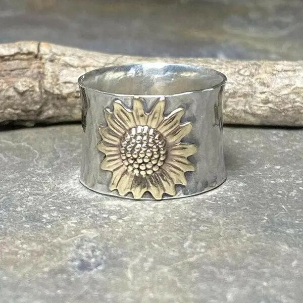 Golden Sunflower Wide Band Ring Unique Joyas