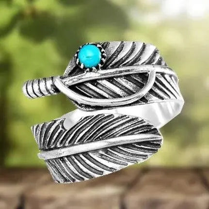 Boho Feather Turquoise Adjustable Ring Unique Joyas