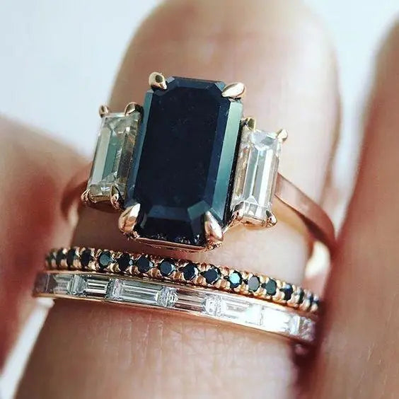 Vintage Dark Turquoise Zirconia Ring Set Unique Joyas