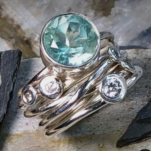 Multilayered silver-plated ring with turquoise vintage crystal Unique Joyas