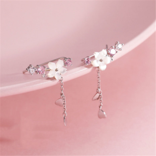 Floral earrings with pink stones in silver