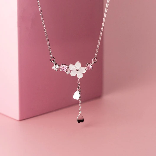 Floral Necklace with Pink Stones in Silver Unique Joyas