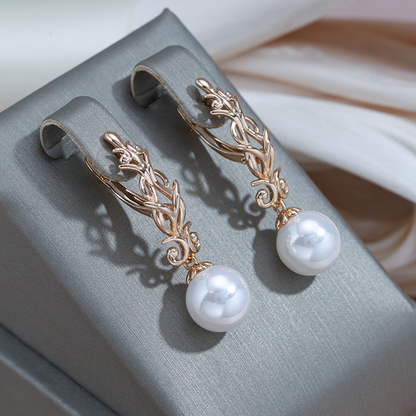 Elegant Earrings Golden Pearl Forest