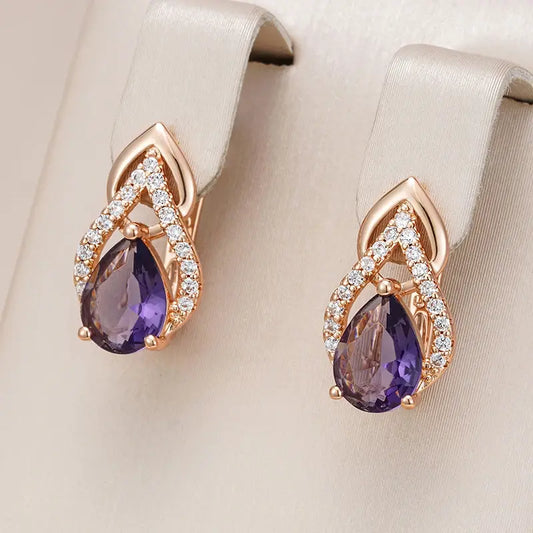 Elegant purple crystal drop earrings in gold