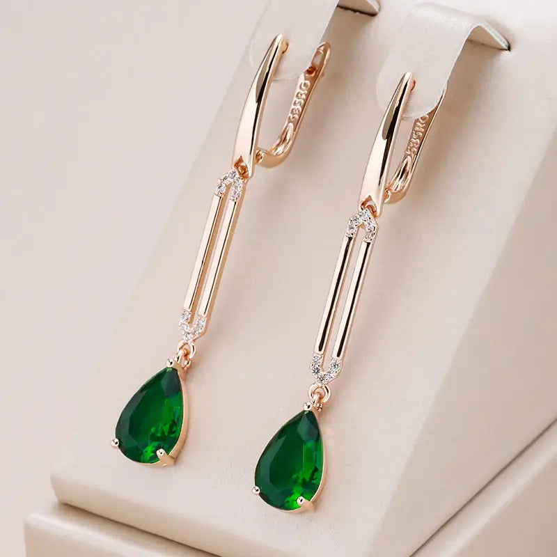 Green Crystal Pendant Earrings in Gold Unique Joyas