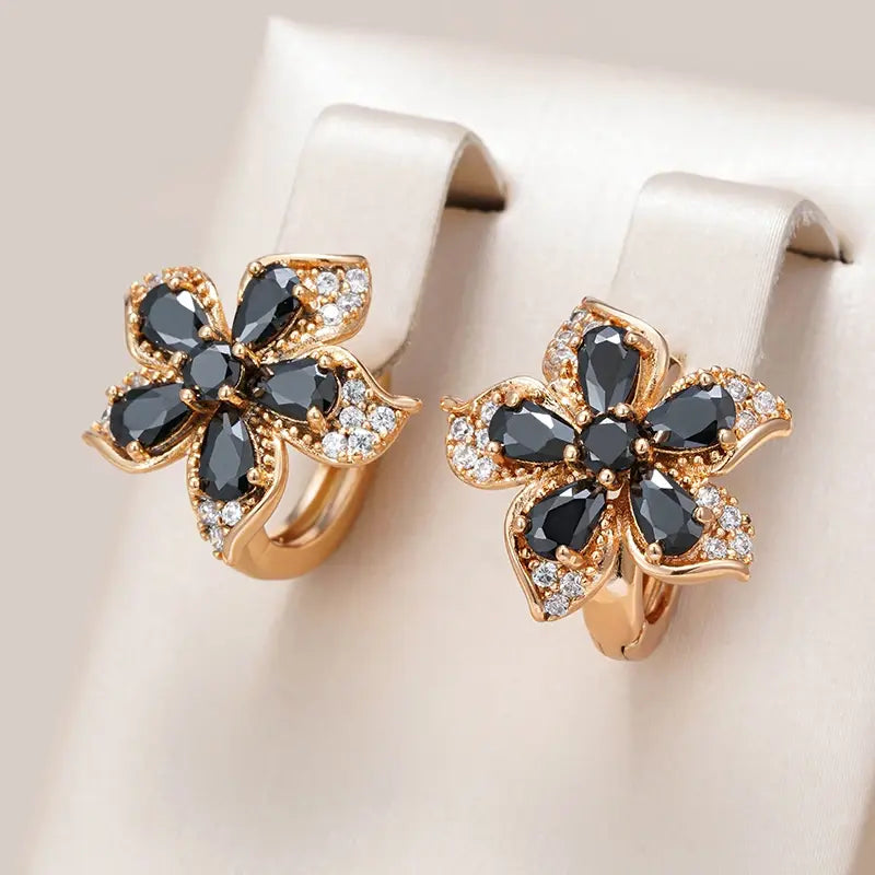 Elegant Black Crystal Flower Earrings