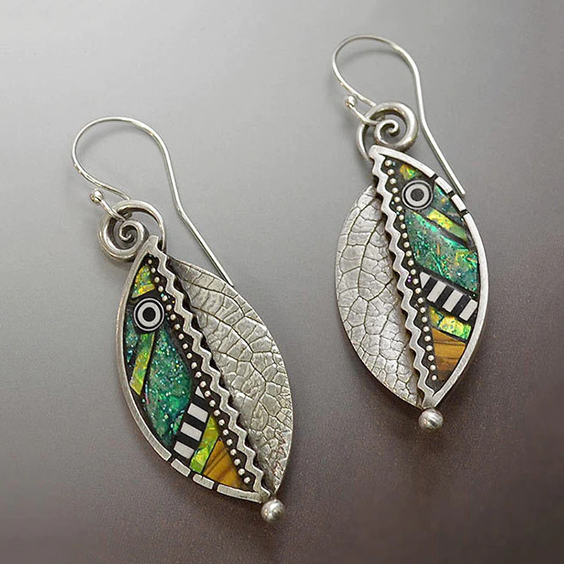 Boho Earrings with Green Crystals in Silver