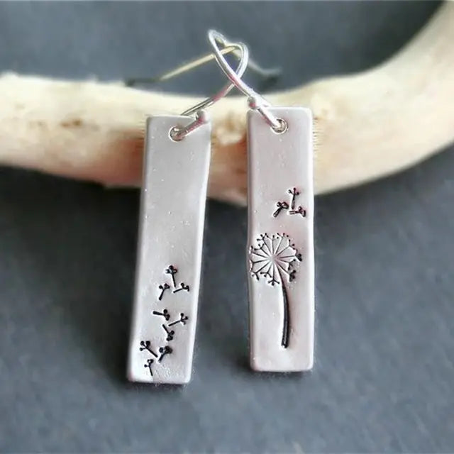 Rectangular Earrings Dandelion in Silver Unique Joyas