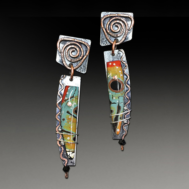 Ethnic silver earrings with multicolored enamel