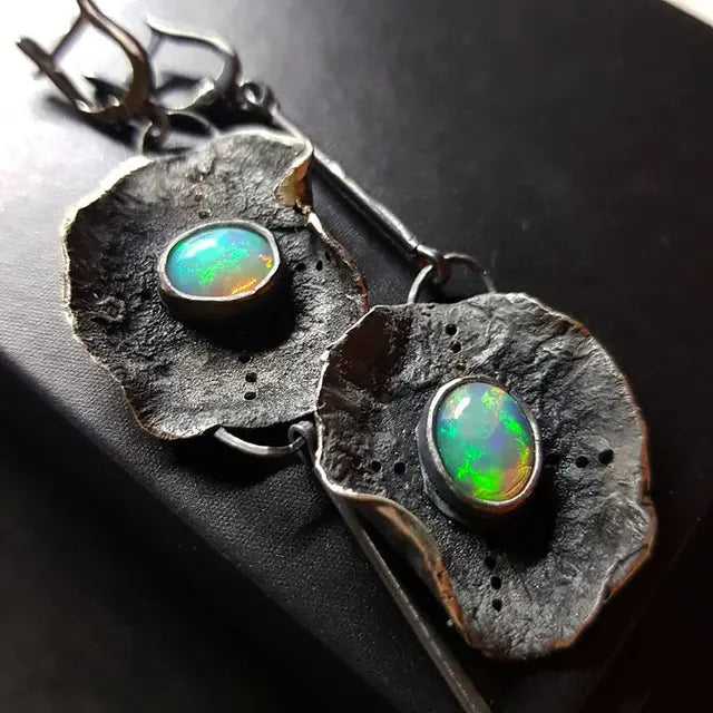 Boho earrings with green opal in silver Unique Joyas