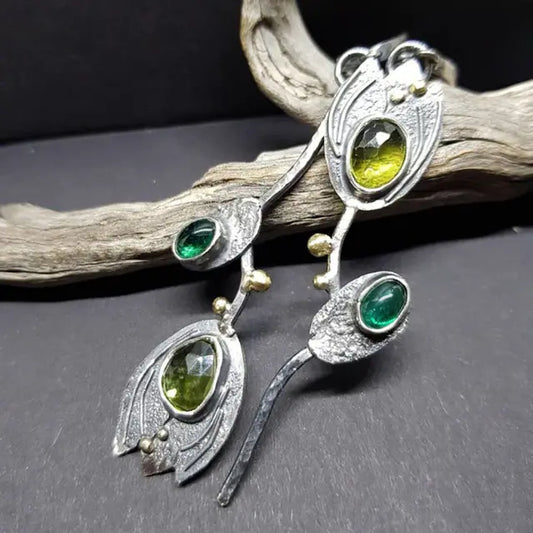 Boho earrings with green stones made of sterling silver