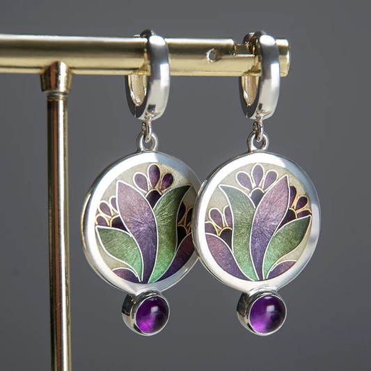 Boho Earrings with Purple Crystals in Sterling Silver Unique Joyas