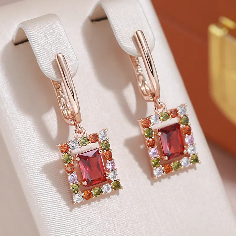 Elegant Earrings in Red Cubic Crystal in Gold Unique Joyas