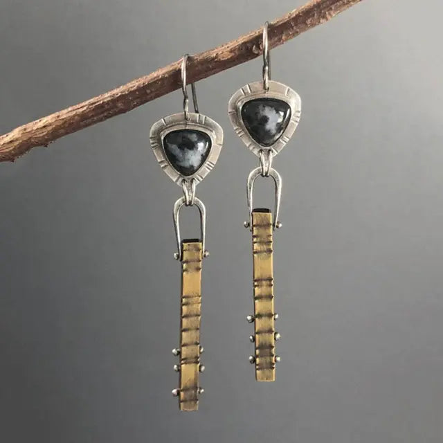 Vintage earrings with dark stone in gold and silver Unique Joyas