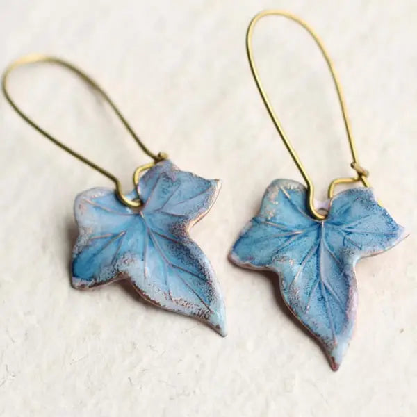 Vintage Leaf Earrings with Blue Enamel Unique Joyas