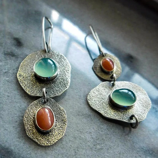 Silver-Plated Vintage Earrings with Blue and Orange Stone Unique Joyas