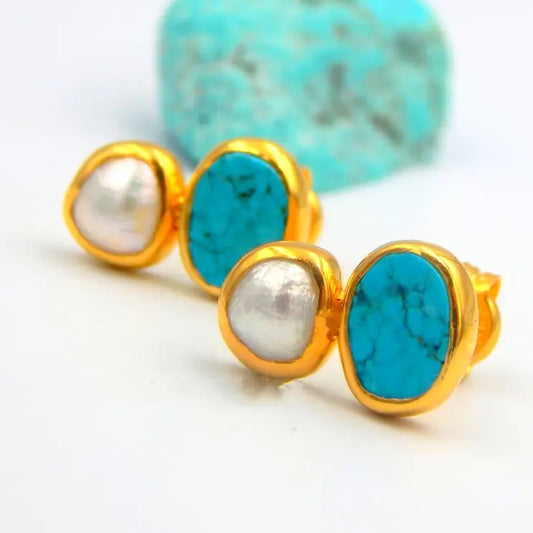 Golden Vintage Earrings with Turquoise Stone Unique Joyas