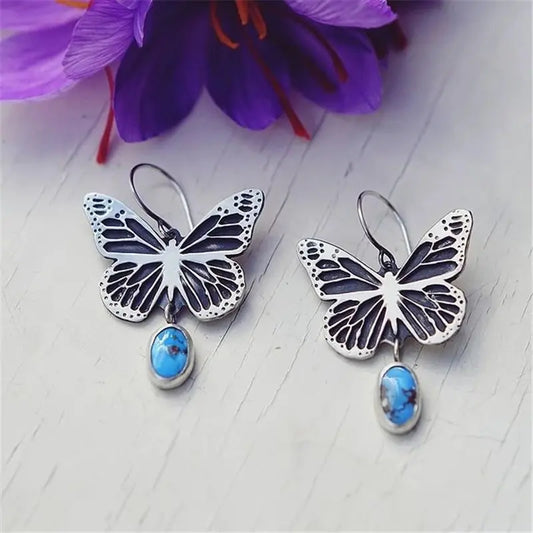 Vintage Silver Blue Stone Butterfly Earrings Unique Joyas