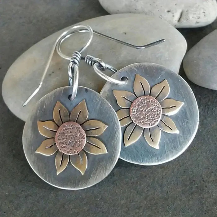 Vintage Silver Sunflower Earrings Unique Joyas