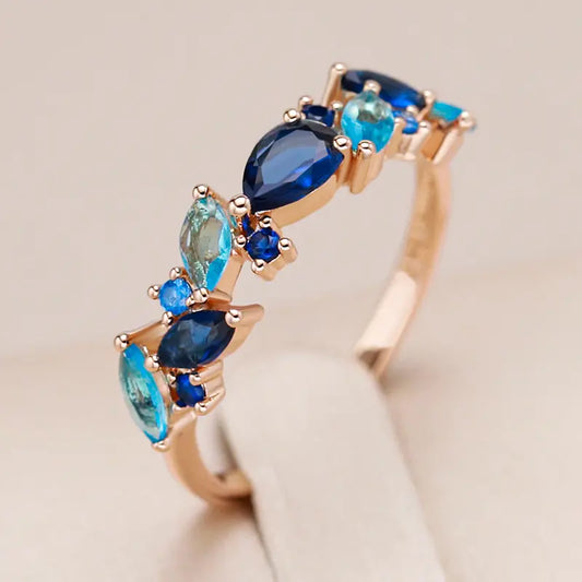 Elegant ring with blue crystals gold plated Unique Joyas