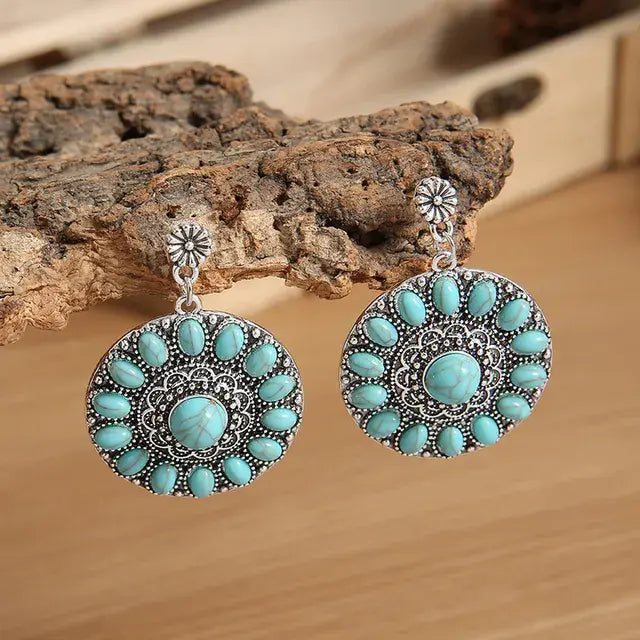 Vintage Turquoise Mandala Earrings Unique Joyas