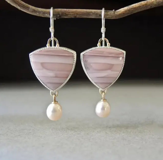 Vintage Pink Stone Pearl Earrings Unique Joyas