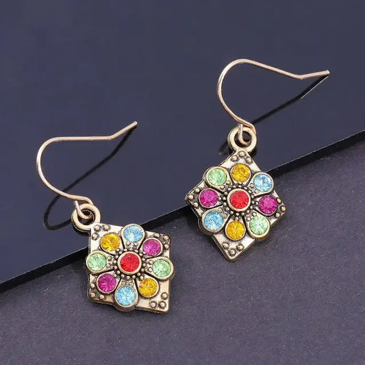 Vintage Multicolor Crystal Mandala Earrings Unique Joyas