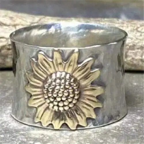 Vintage Gold Sunflower Ring Unique Joyas