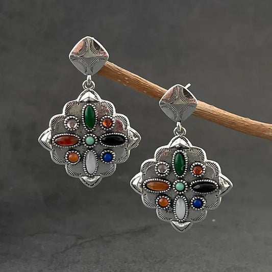 Vintage Colorful Stone Silver Earrings Unique Joyas