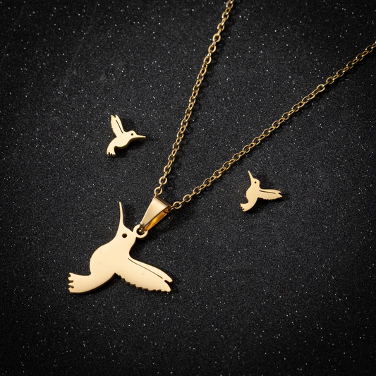 Golden Hummingbird Necklace + Earrings Unique Joyas