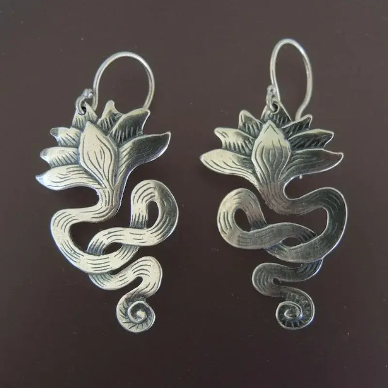 Vintage Floral Snake Earrings in Sterling Silver Unique Joyas