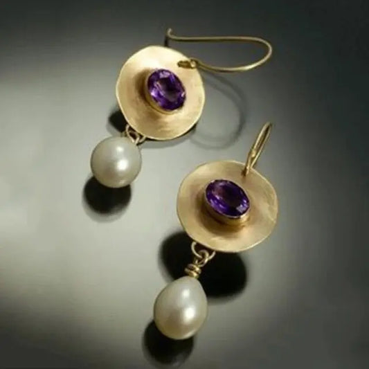 Gold-Plated Vintage Earrings with Pearls and Purple Zirconias Unique Joyas