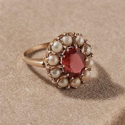 Red Crystal Ring with Vintage Pearls Claire