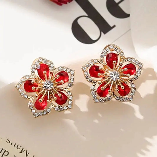 Red Crystal Flower Shiny Earrings Unique Joyas