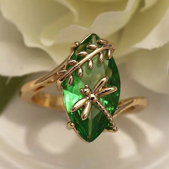 Dragonfly Green Crystal Ring Unique Joyas