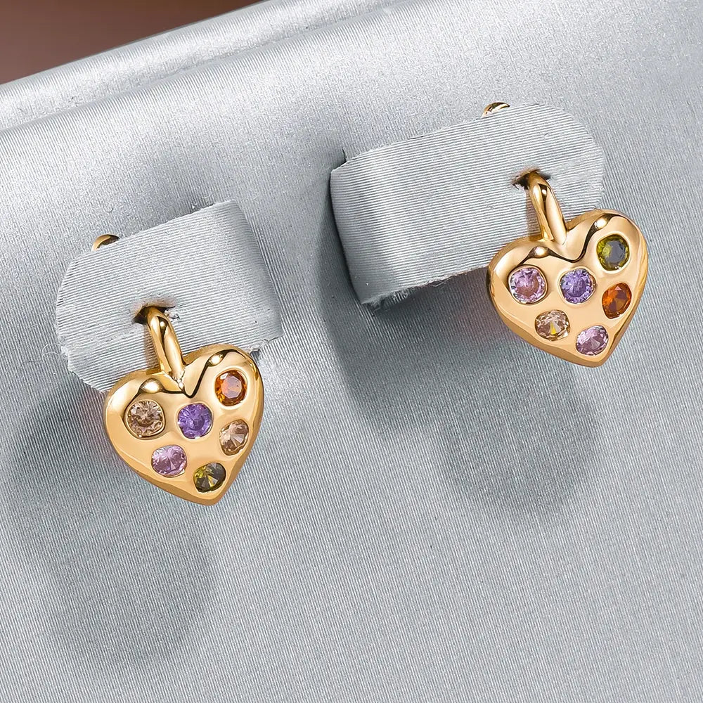 Elegant Inlaid Colorful Zirconia Heart Earrings Unique Joyas