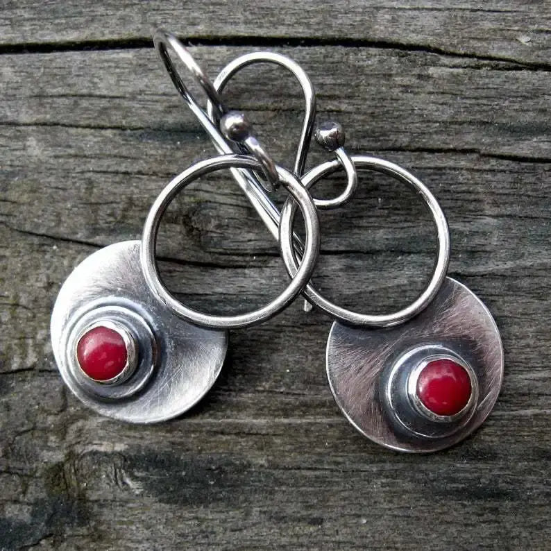 Vintage red round earrings in silver Unique Joyas